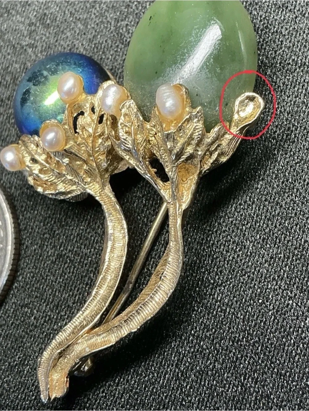 Vintage Signed Swoboda Jade Aventurine Pearl Floral Gold Tone Brooch Pin
